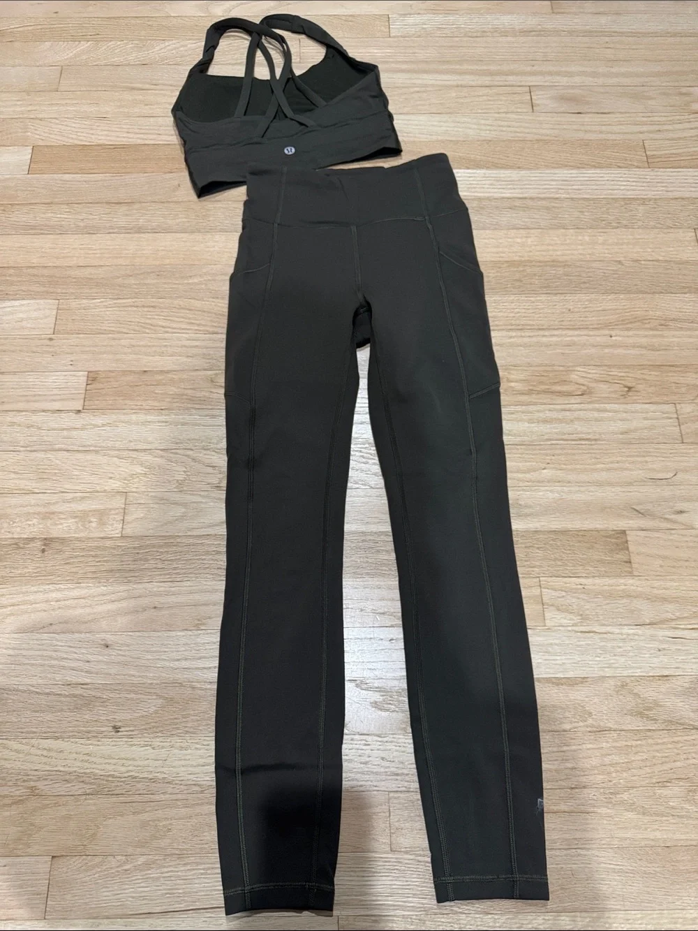Lululemon Women’s army green High-Waist Leggings & Strappy Sports Bra Set